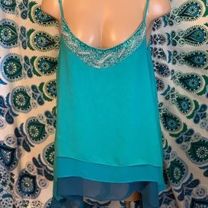 Blue Sheer Flowy, Layered Spaghetti Strap Tank Top